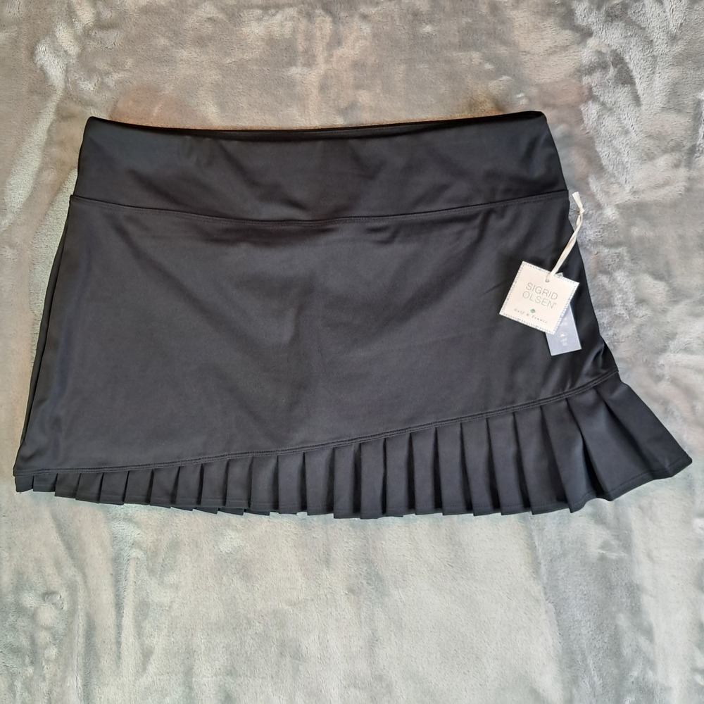 NWT Sigrid Olsen Women XL Black Asymmetric Pleated Hem Tennis Golf Skort